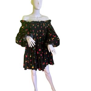 Girls Black Off-Shoulder Floral Print Dress